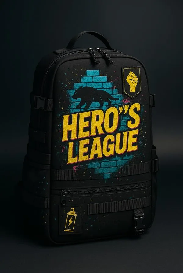 Black Hero's League backpack with yellow graffiti logo, teal brick wall, and fist patch